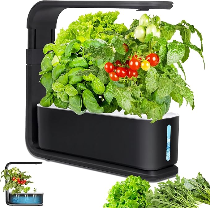 Hydroponics Growing System Indoor Herb Garden with 3 Kinds of Led Grow Light 10h Timer 3 Holes 3 Inch Adjustable Light Stand Transparent Water Level Smart Garden Hydroponic Indoor Black