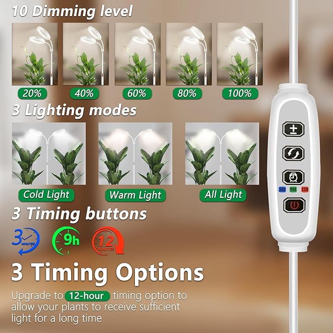 Floor Grow Lights for Indoor Full Spectrum Plant Lighting with Adjustable 68 Stand for Growing Large Tall Plants 3/9/12H Timer3 Light Modes 2Heads
