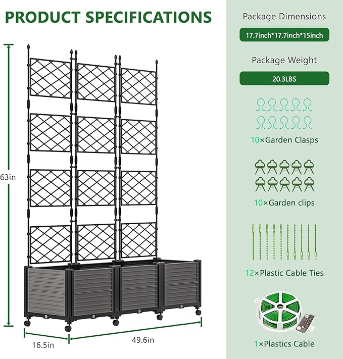 Raised Garden Bed Outdoor Planter Box with Trellis and Wheels Tomato Planter Cage with Trellis Indoor Outdoor Patio Self Watering Planters for Climbing Plants Vegetable Flowers
