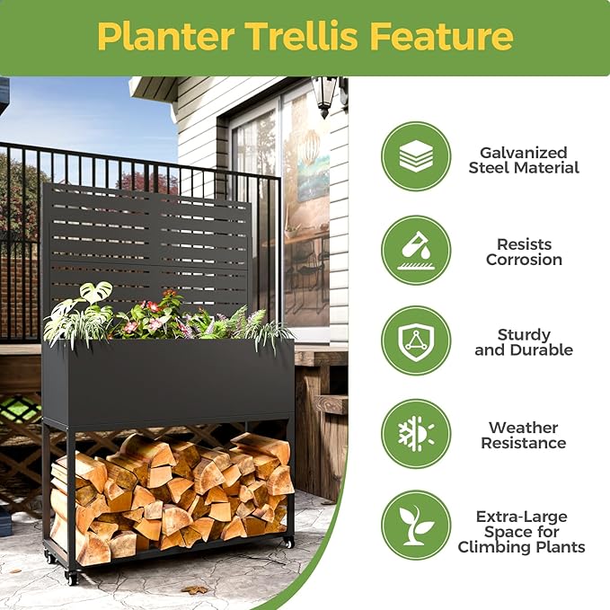 Raised Garden Bed with Trellis Metal Raised Planter Box with Trellis Privacy Planters for Patio Raised Garden Beds Outdoor Standing with Drainage Holes Wheels Black