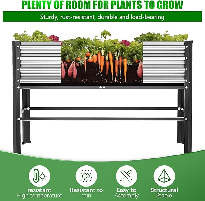 Doniks Raised Garden Bed with Legs 48×24×32in Large Outdoor Metal Galvanized Garden Planting Box 600lb Capacity for Vegetables Lawn Green Flowers Fruits Terrace