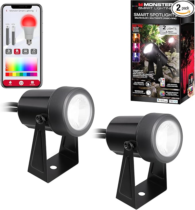 Monster Smart Outdoor RGB+IC+WW Spotlights 2 Pack Dimmable LEDs Sound Reactive IP44 Water &amp Weather Resistant Compatible with Alexa Siri Google Home Monster App Razer Chroma Voice Control