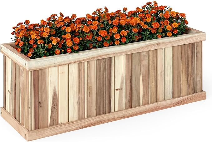 Giantex Acacia Wood Raised Garden Bed Rectangular Planter Box w/Drainage Gaps Floor Standing Window Mount for Flower Vegetable Herb Fruit Outdoor Plant Container for Backyard Lawn 36x12x12