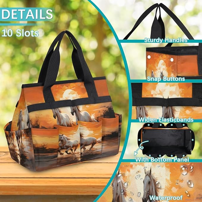 Sunset Horse Garden Tool Bag for Women Men Garden Storage Tote Bag with 10 Pockets &amp Handle Gardening Tool Organizer for Garden Patio Indoor Outdoor