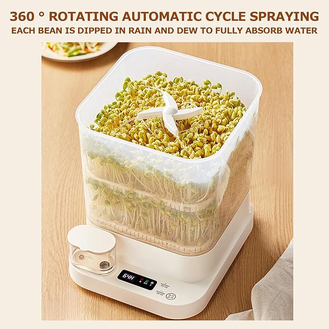 Bean Sprouts Machine 1.5L Automatic Smart Bean Cultivater 3 Layer Large Capacity Seed Sprouter Kits 360° Automatic Spray with Led Displa