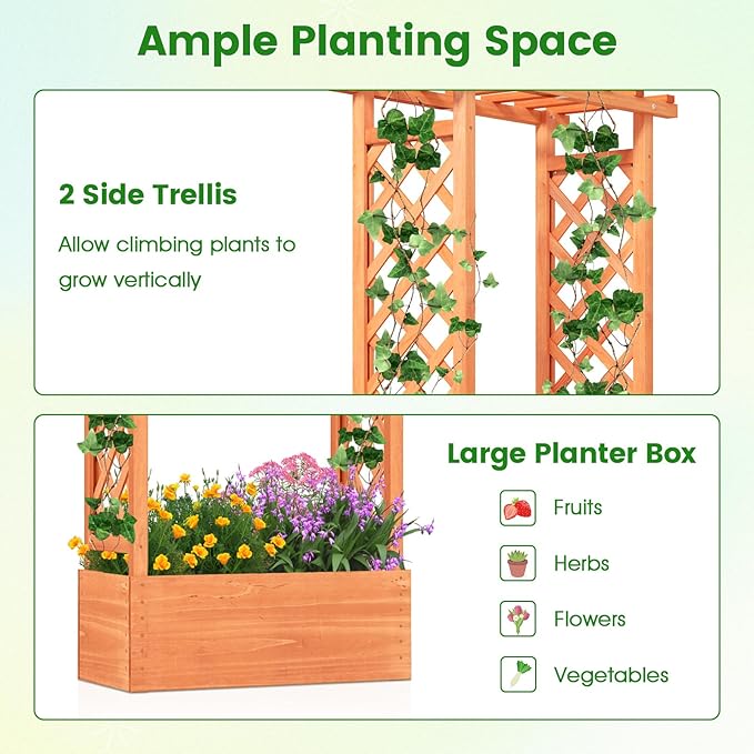 IRONMAX Raised Garden Bed with Trellis &amp Hanging Roof Fir Wood Planter Box for Vegetables Flower Climbing Plants Outdoor Garden Planter w/Drainage Holes for Backyard (2 31” x 14” x 60”)
