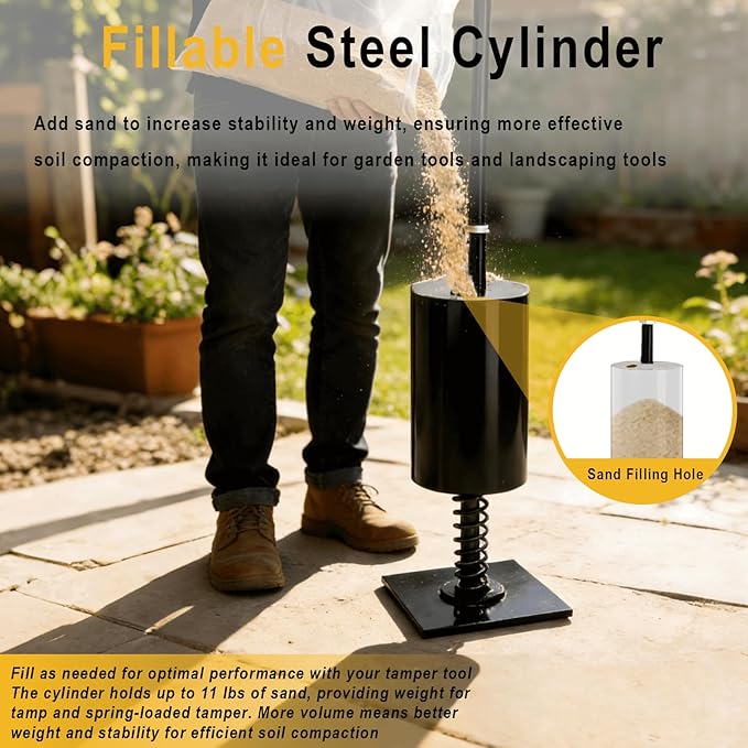 Spring Loaded Tamper Tool Heavy Duty Tamper for Garden &amp Landscaping Tools 8 x 8 Steel Base Fillable Weight Tube Shock Absorbing Spring for Soil Sand &amp Gravel