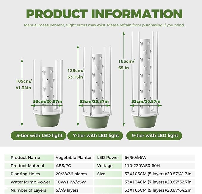 Indoor Hydroponics Growing System 9 Tier 36 Plants Smart Timing 30L Tank Tower Garden Growing System Save Water &amp Electricity for HerbsVegetablesFruitTomato Black-IndoorWithLEDLight