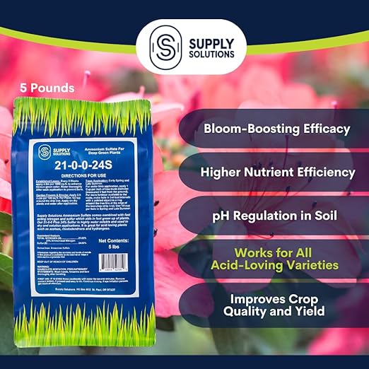Supply Solutions Ammonium Sulfate Fertilizer 21-0-0 +24% Sulfur for Deep Green Plants - Soil Acidifier for Flowers Trees Lawn Acid Loving - Sulfur for Plants Hydrangea Fertilizer (5 Pounds)