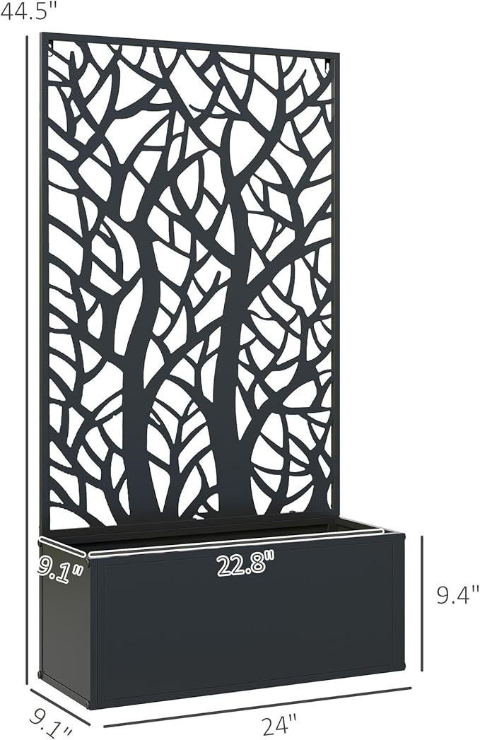 24inL x 9.1inW x 44.5inH Black Metal Planter Featuring Two Large Tree Cut-Out Trellises 110lb Support Weather-Resistant Coating Wall or Stand Use