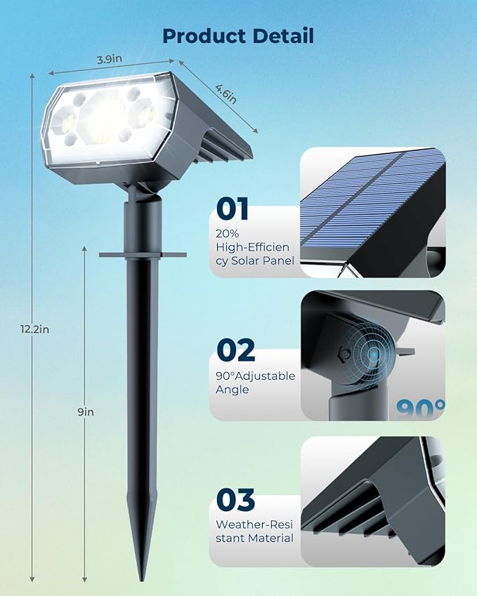 6 Packs Solar Spot Lights Outdoor 64 LED 6500K Solar Lights Outdoor IP67 Waterproof Adjustable Brightness Dusk to Dawn Solar Spotlights for Garden Yard Lawn Walkway Driveway - Cool Daylight