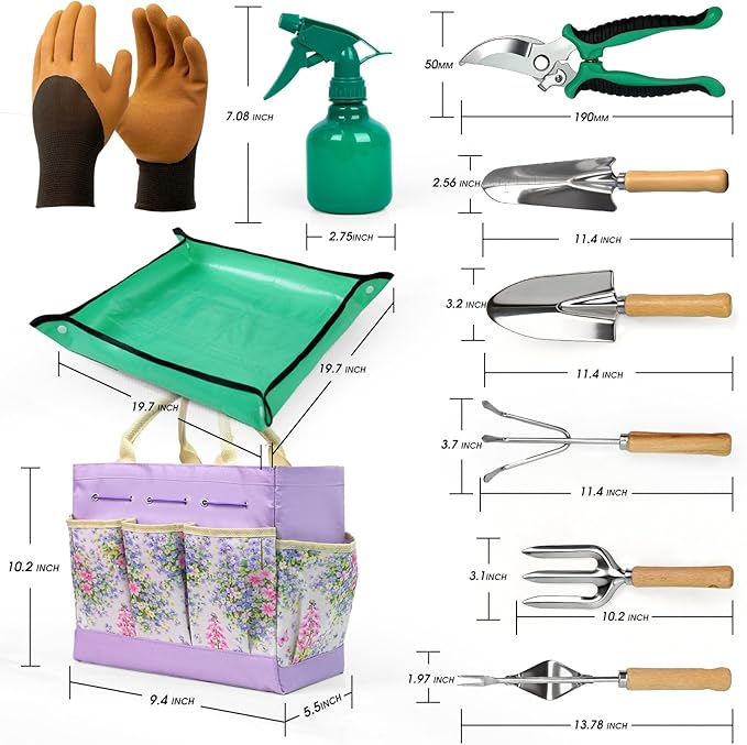 Garden Tool Set 10 PCS Gardening Essentials Stainless Steel Garden Hand Tools with Tote Bag Well-Designed Gardening Supplies Kit Gifts for Women Men Gardeners