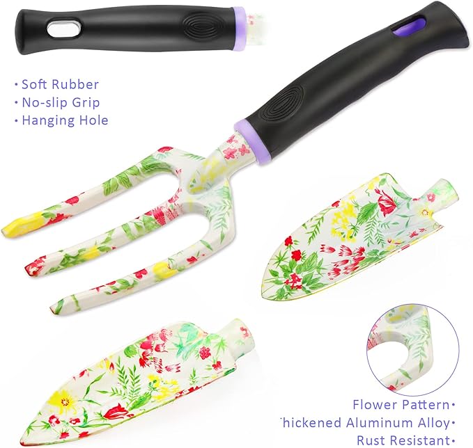 JUMPHIGH Gardening Tool Set 10 PCS Heavy Duty Aluminum Garden Kit Floral Gardening Gifts for Women Garden Hand Tools with Non-Slip Rubber Handle Kneeling Pad Garden Gloves and Storage Tote Bag