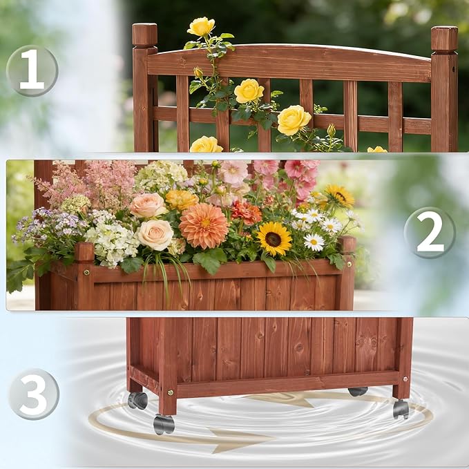 Outvita Mobile Wood Planter Box with Trellis &amp Locking Wheels Standing Raised Garden Bed with Drainage Holes for Outdoor Climbing Plants Vine Flowers Herbs (Cedar Brown)