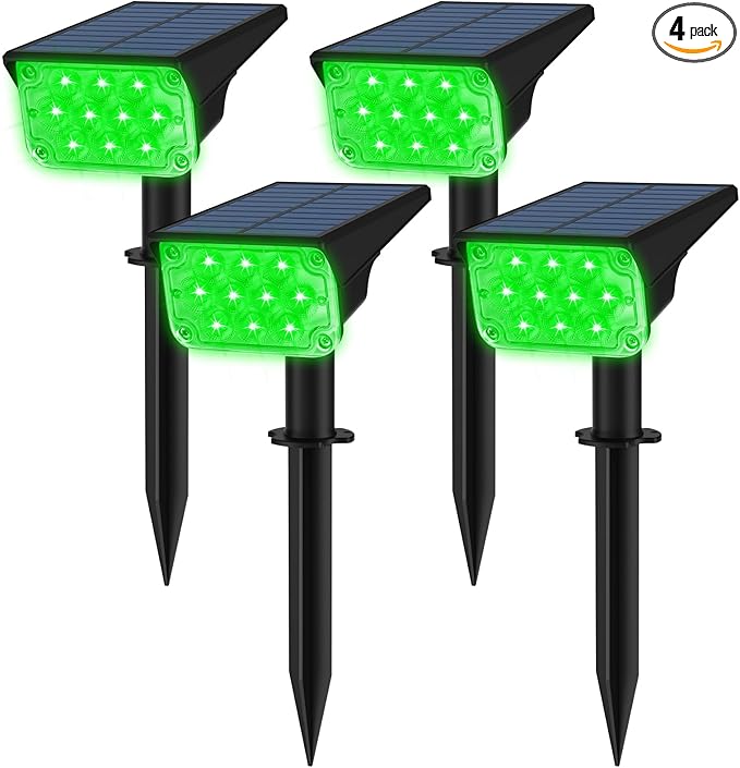 T-SUNUS Green Solar Spot Lights Outdoor 4 Pack IP65 Waterproof Landscape Spotlights 2 Modes Dusk to Dawn for St Patricks Day Halloween Christmas Tree Pond Patio Garage Statue Graveyard Garden Flag