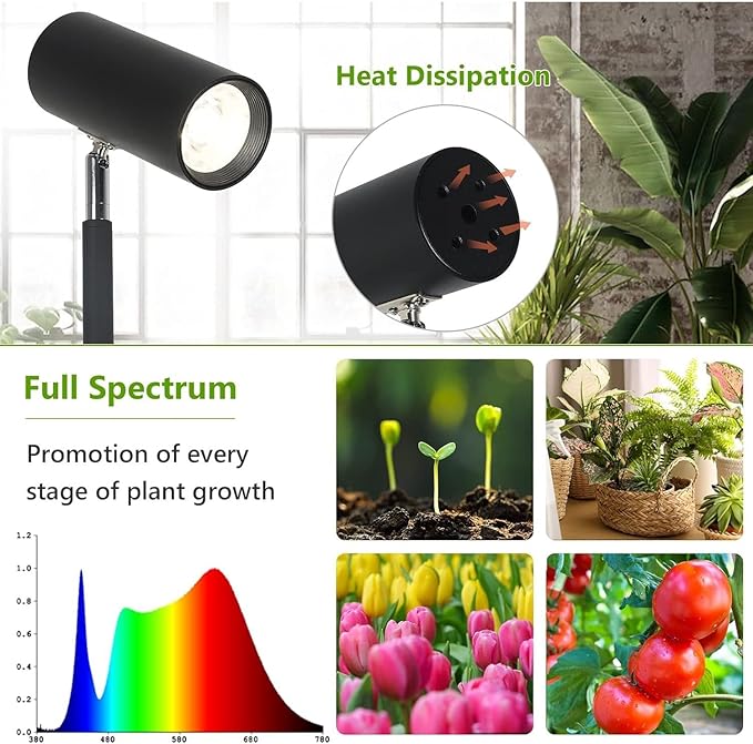 Grow Lights Stand for Indoor Plants with 20W COB Light 4/8/12H Timer 6-Level Height Adjustment