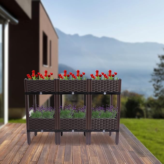 Square Raised Garden Bed Kit 2-Tier Elevated Planter with Legs Self-Watering Plastic Planter for Indoor Outdoor Vegetables Fruits Potato Flowers