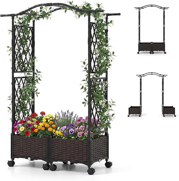 Giantex Planter Boxes with Arch Trellis 5FT Self-Watering Tall Raised Garden Bed w/Wheels Hanging Roof &amp Drainage Holes Outdoor Indoor Tomato Planter for Climbing Vines Vegetables Flowers