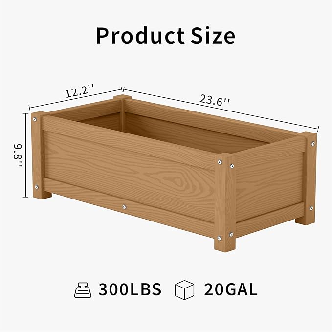 HDPE Planter Box All-Weather Outdoor Garden Bed Easy to Assemble Drainage System Low Maintenance Non-Fading for Flower/Herb/Seed (Teak)