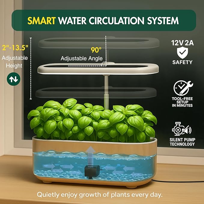 Hydroponics Growing System Kit Indoor Herb Garden 14 Pods Upgraded LCD Display LED Grow Light Quiet Smart Water Pump Automatic Timer Hydroponic Planter for Home Kitchen Office (White)