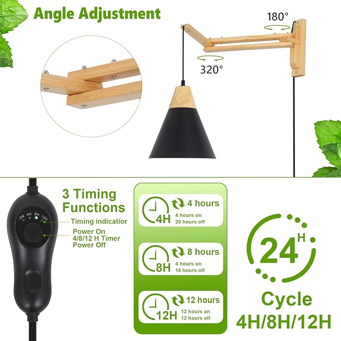 HMVPL Hanging Grow Lights for Indoor Plants Full Spectrum Plant Light for Indoor Growing with 20W COB Grow Light Bulb Wall Mounted Grow Light with Swing Arm 4/8/12H Timer for Large Small Plant