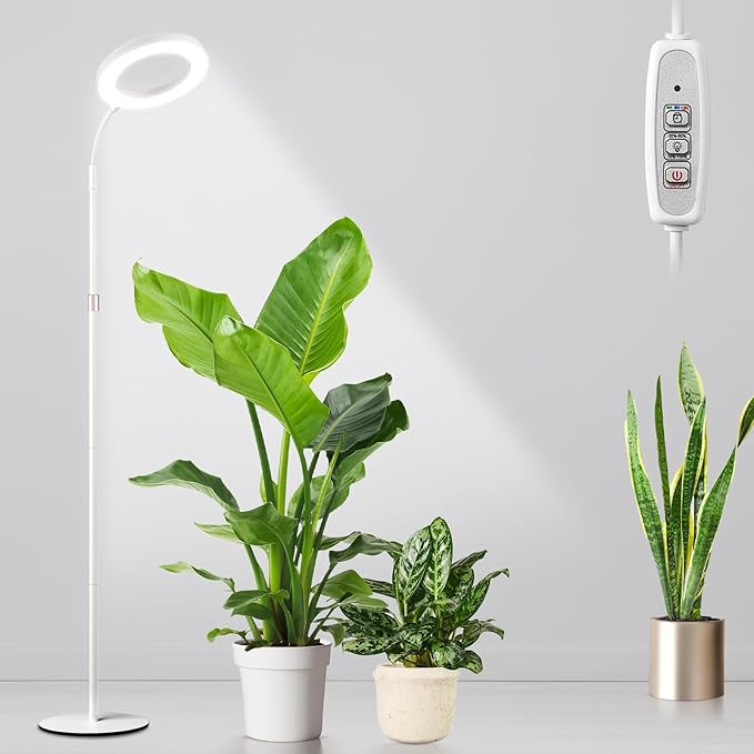 LBW Full Spectrum Grow Light with Stand for Large &amp Tall Indoor Plants Adjustable Height 48.8–68'' Auto Cycle Timer 4/8/12H 4-Level Dimmable Floor Plant Light (White)