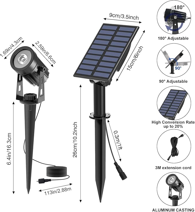 T-SUNUS 3 Pack Solar Landscape Spotlights White &amp Warm White Solar Garden Spot Lights IP65 Waterproof 9.8ft Cable 2000mAh Separated Solar Panel Auto On/Off for Garden Driveway Pathway Pool