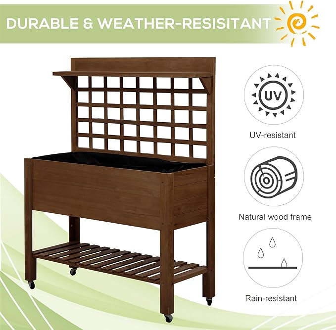 3.5ftx2.5ft Robust Premium Heavy-Duty Eco-Friendly Durable Natural Wooden Raised Garden Bed with Wheels Trellis Storage Shelf Dark Brown
