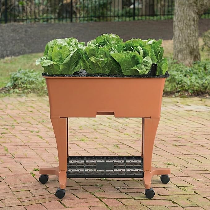 EarthBox Raised Garden Bed with Legs – Elevated Self Watering Planter Box with Wheels Storage Shelf Premium Plant Food Easy Assembly Made in USA Terra