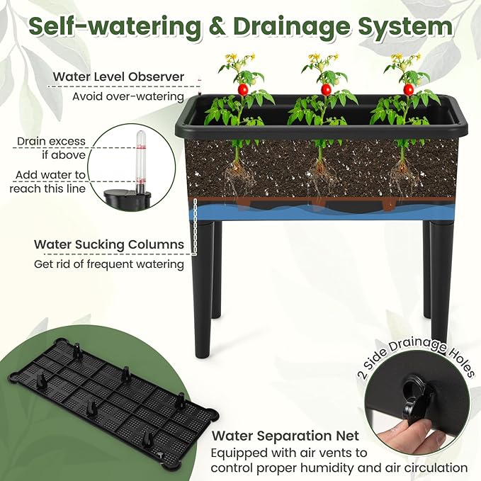 Giantex Raised Garden Bed with Climbing Trellis Self-Watering Elevated Planter Water Level Indicator &amp Drainage Hole Plant Raised Bed for Cucumber Vegetables Fruits Herbs
