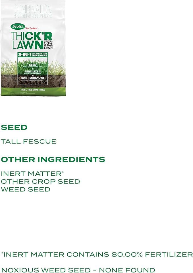 Scotts Turf Builder Thick'R Lawn Tall Fescue Mix Combination Seed Fertilizer and Soil Improver Thickens Thin Grass 12 lbs