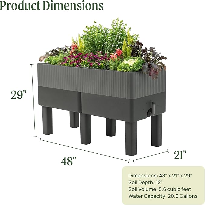 Vego garden EZCube Self Watering Planter Box with Legs 29 Elevated Raised Garden Bed with Water Gauge for Patio Backyard 21 x 48 Fog Gray
