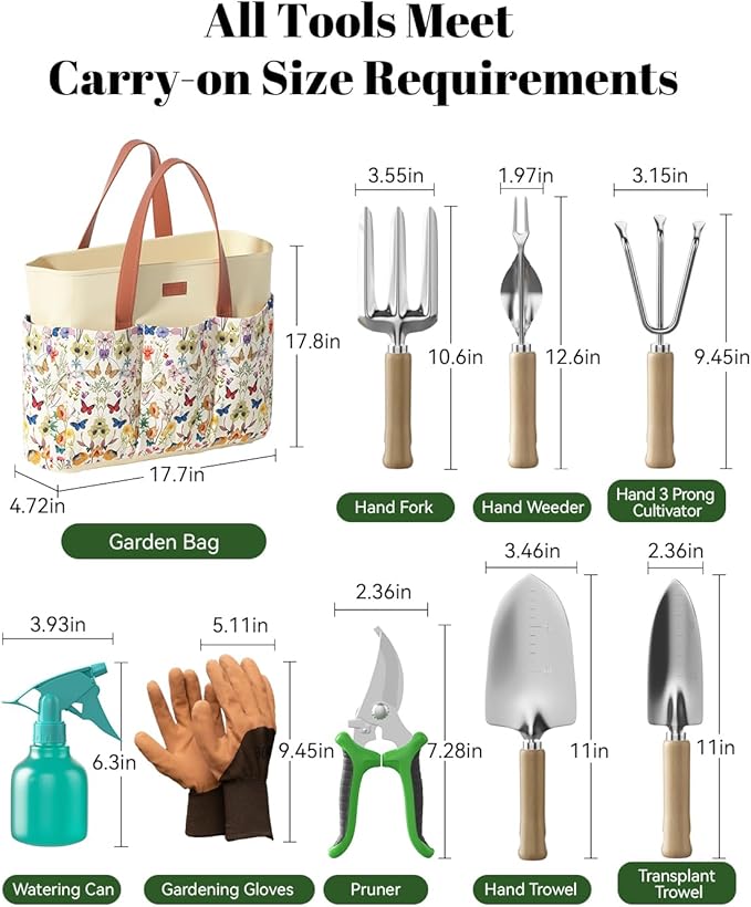 VerdantVibes 9-Piece Garden Tool Set - Heavy Duty Gardening Hand Tools with Ergonomic Non-Slip Grips Rust-Resistant Shovel Trowel Rake Pruner &amp Storage Bag - Ideal Gardening Gifts for Women