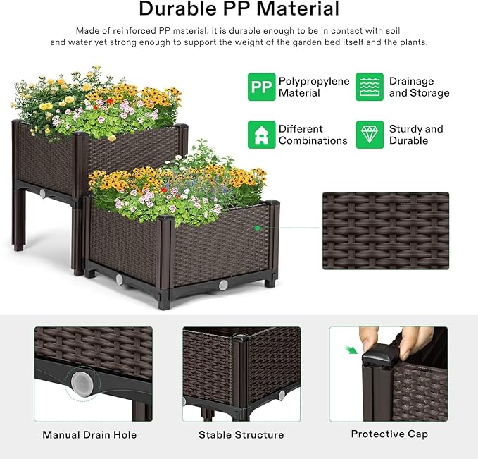 Elevated Planters Raised Garden Beds Plastic Vegetables Plant Raised Bed Kits Herbs Flowers Growing Box with Legs &amp Drainage Holes for Garden Patio Balcony Restaurant Brown