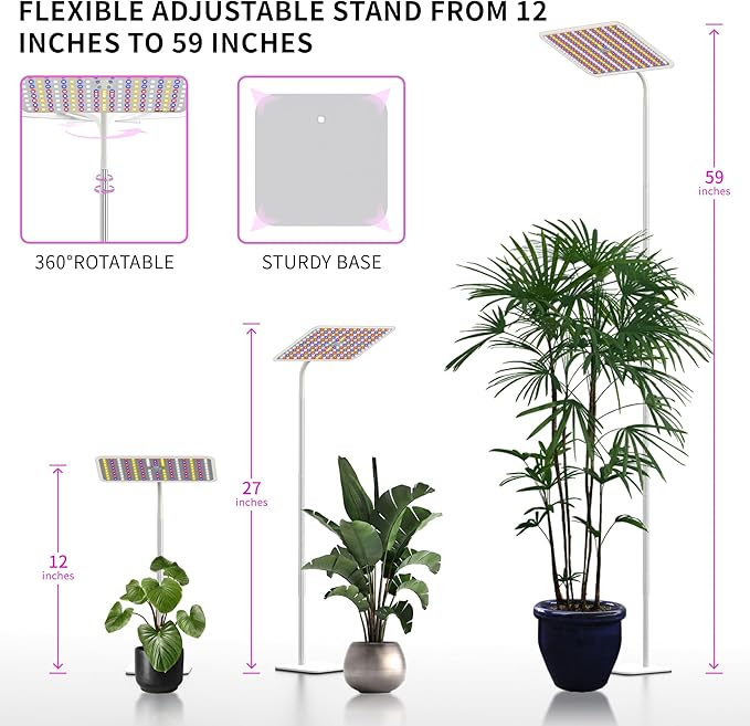 BESTVA 48W Grow Lights for Indoor Plants with Stand Full Spectrum LED Plant Light for Indoor Plants12-59 Inches Height Adjustable Growing Lamp with Auto On/Off Timer 4H/8H/12H 4 Dimmable Brightness