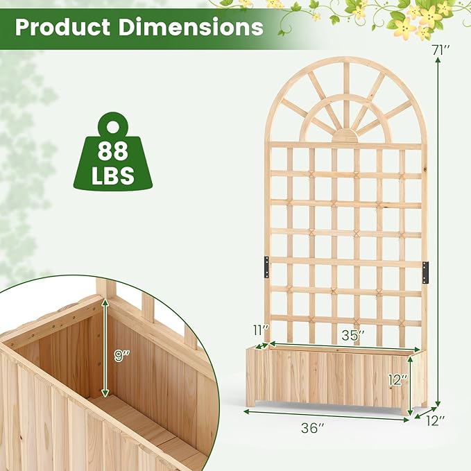 Happygrill Wooden Raised Garden Bed with Trellis Outdoor Planter Box with Drainage Holes Privacy Screen Natural Fir Wood Elevated Garden Bed for Climbing Plants Flowers (2 Natural 36''x12''x71'')