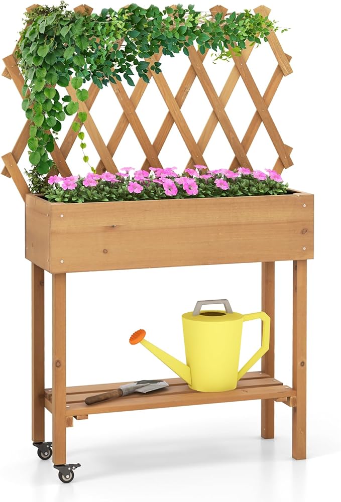 Giantex Raised Garden Bed on Wheels Rolling Planter Boxes with Trellis Storage Shelf &amp Black Liner Indoor Outdoor Wood Raised Bed for Flower Climbing Vine 36”x12”x51”