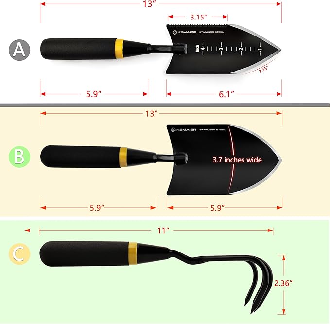 Heavy Duty Stainless Steel Garden Tool Set - Thoughtfully Crafted for Outdoor Patio Use Perfect for Both Men and Women. Includes Gardening Trowel Transplanting Shovel and Hand Cultivators