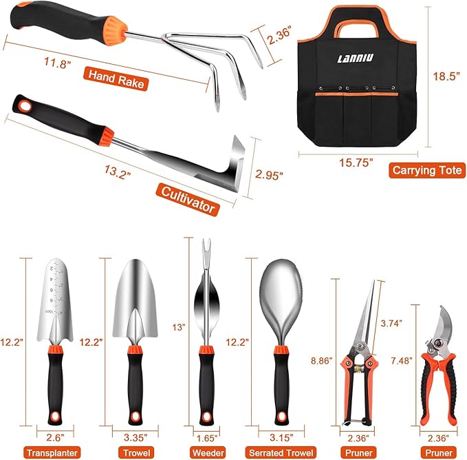 9 Piece Garden Tool Set - Heavy Duty Stainless Steel Gardening Hand Tools with Ergonomic Non-Slip Rubber Handles Pruning Shears Trowel and 600D Storage Tote Bag Gardening Gifts for Women
