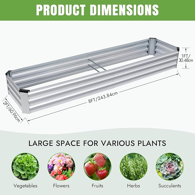 INNO STAGE Galvanized Raised Garden Bed Kits 8x2x1ft Metal Raised Garden Beds Outdoor Large Steel Raised Planter Bed with Gloves for Vegetables &amp Flowers Patio Ground Planter Box(Silver 2PCS)