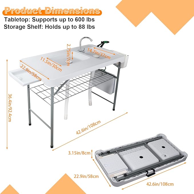 Fish Cleaning Table with 2 Sinks &amp Grid Rack - 42.5” Outdoor Fish Fillet Cleaning Station for Camping Patio Kitchen RV &amp Beach