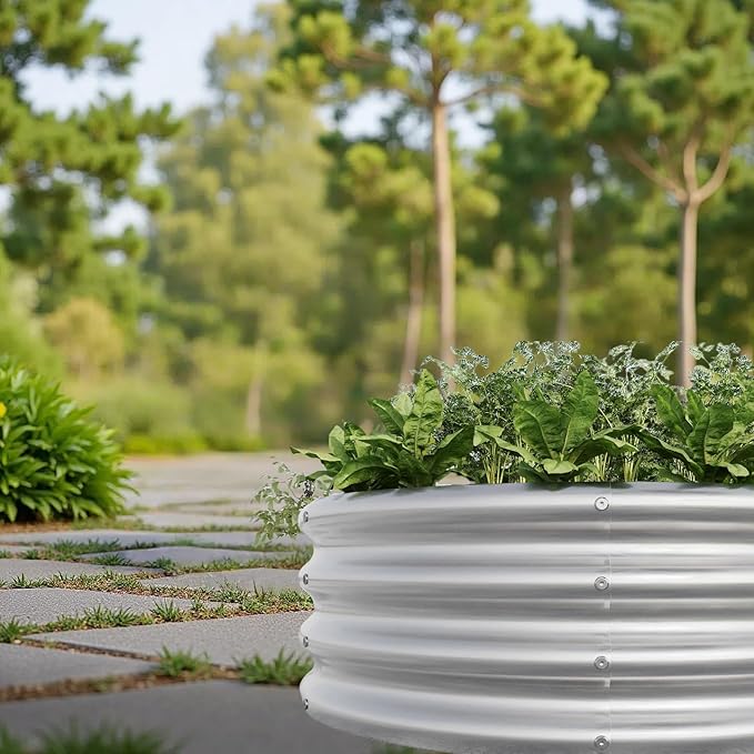 2PCS 32.08 x 11.4 Tall Round Metal Raised Garden Bed - Outdoor Planter Box for Vegetables Flowers Herbs &amp Fruits Backyard Patio Raised Beds Silver