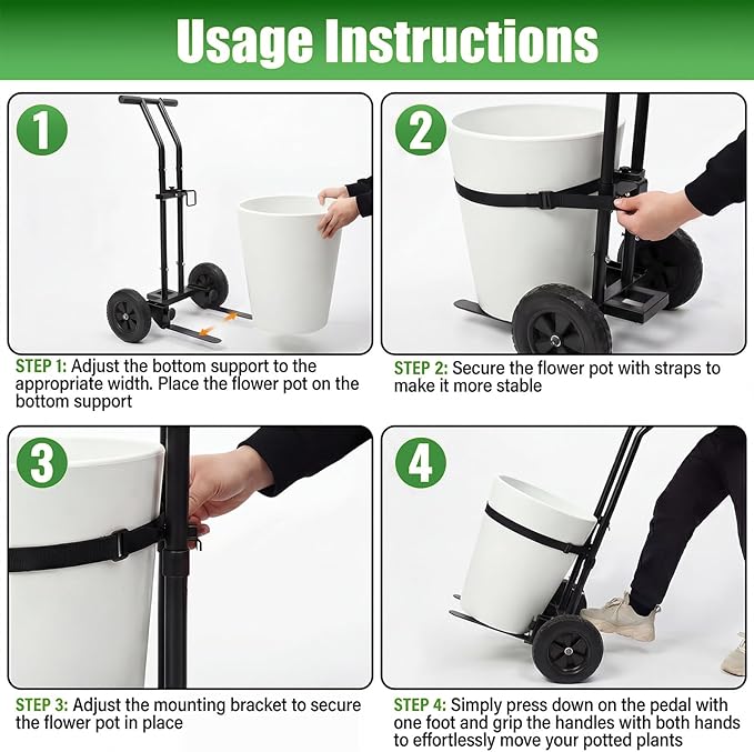 Adjustable Plant Caddy with Wheels Heavy Duty Plant Dolly Cart w/Grab Arm and Strap Dual Protection Garden Potted Plant Mover Dolly for Planter Flower Pots Indoor Outdoor Supports 175lbs Black