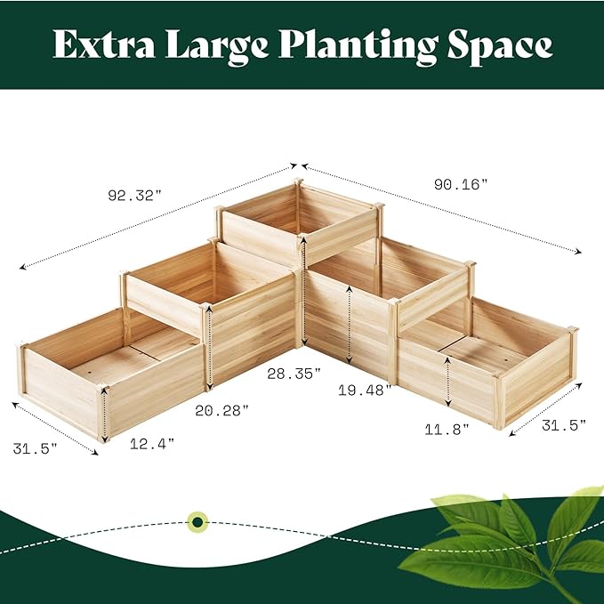 AMERLIFE 3-Tier Raised Garden Bed for Outdoor Gardening Fir Wood Planter Box with Dividers Tool-Free Assembly Garden Box Perfect for Vegetables Herbs and Flowers