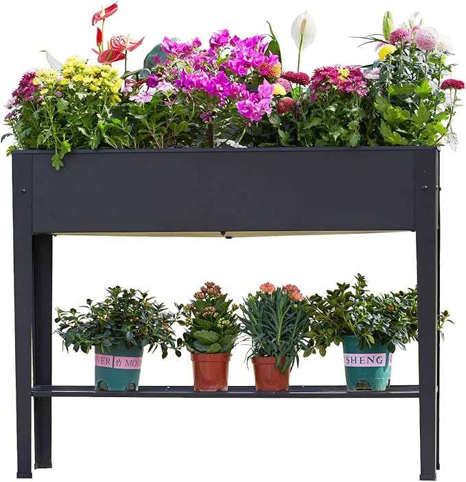 Raised Garden Bed Elevated Planter Black Metal Plant Box with Legs Standing Garden Stand Drainage Holes Black