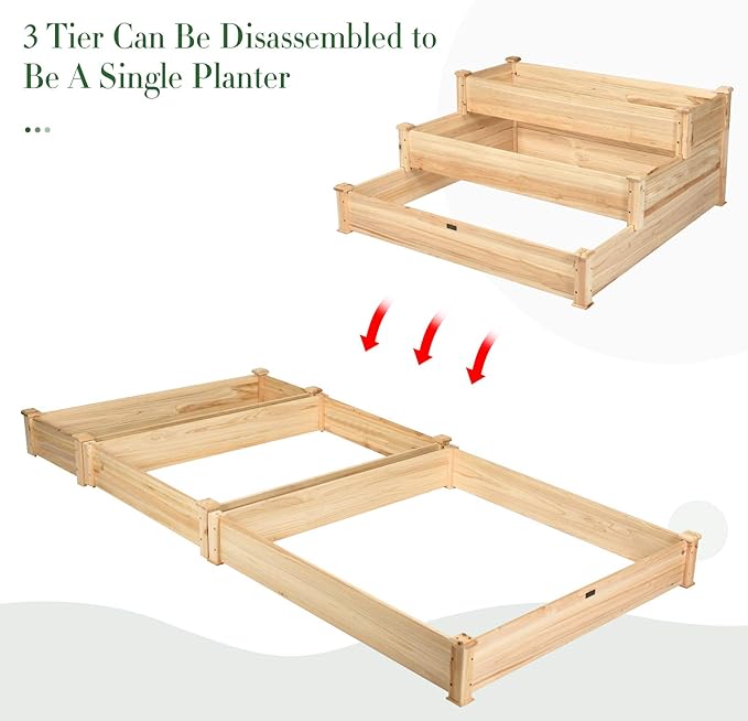 Giantex 3 Tier Raised Garden Bed Wood Elevated Planter Box Vegetable Flower Growing Bed Kit Outdoor Planting Container for Backyard Lawn Patio Planter Raised Beds Easy Assembly 49X49X22