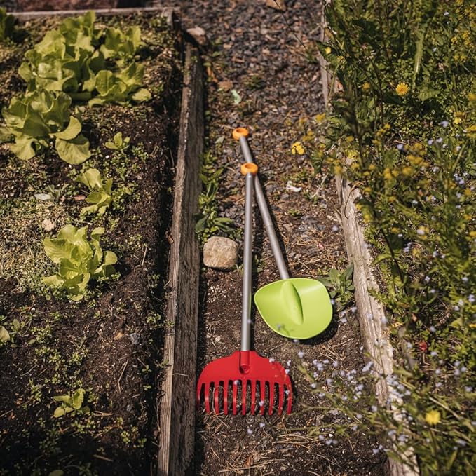 Fiskars Kids' Essential Landscaping Set - Leaf Rake and Garden Shovel - Kids Gardening Set - 2 PieceRed/Green
