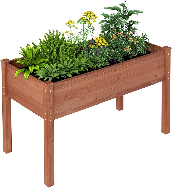 Donext 48 Inch Raised Garden Bed 30 Height Solid Wood Planter Box with Bed Liner 300lb Capacity Elevated Gardening Box(Brown)