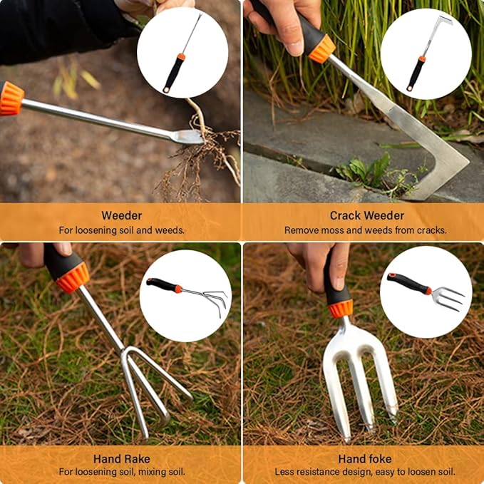 Garden Tool Set10 PCS Stainless Steel Heavy Duty Gardening Tool Set with Soft Rubberized Non-Slip Ergonomic Handle Storage Tote BagGardening Tool Set Gifts for Women and Men
