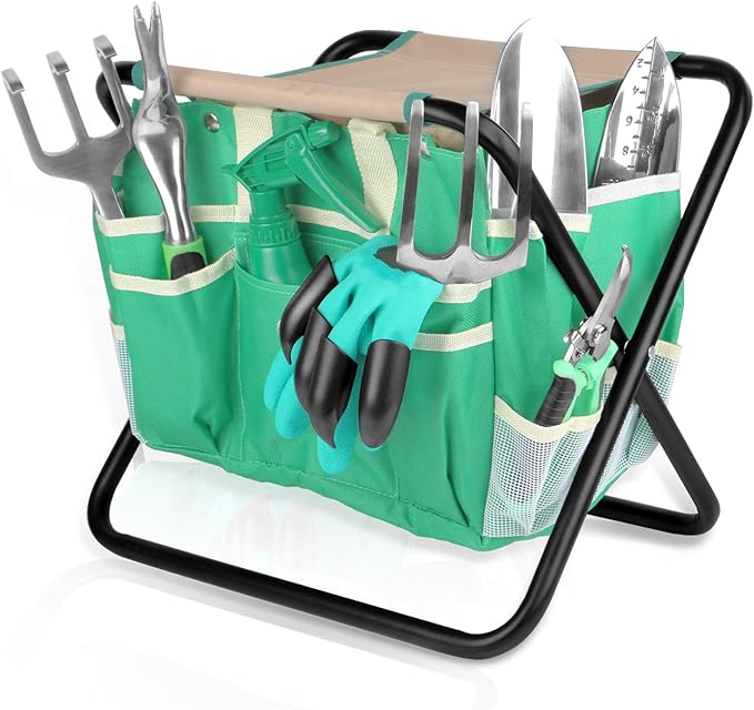 Kitness 9 PCS All-in-One Garden Tools Set Heavy-Duty Cast-Aluminum Gardening Kit with Folding Stool Seat and Detachable Canvas Tool Bag Durable Hand Tools Gift Set for Gardening Lovers